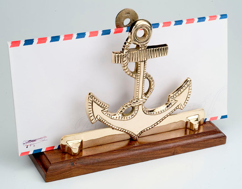 (BW-591) Polished Brass Anchor Letter Holder with Wooden Base