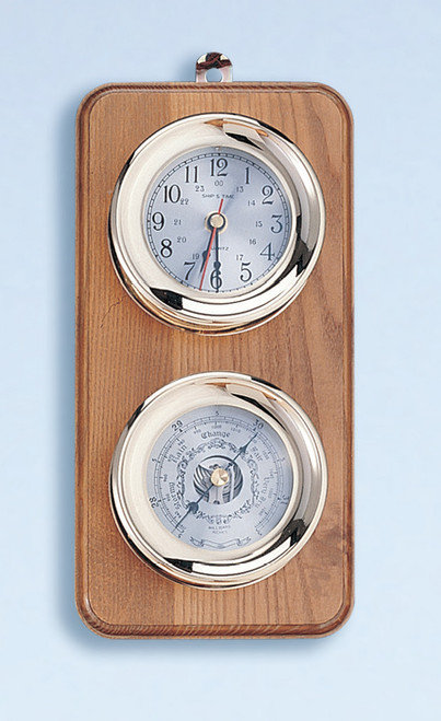Two Porthole Quartz Clock and Barometer on Teak Finished Wood. Wall mounts  horizontally.