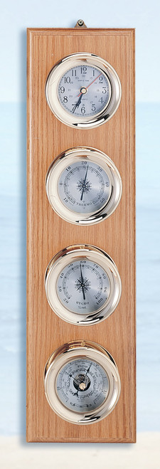 ﻿(225-4)
Deluxe Brass Clock Barometer, Thermometer and Hygrometer Weather Station with Wooden Base