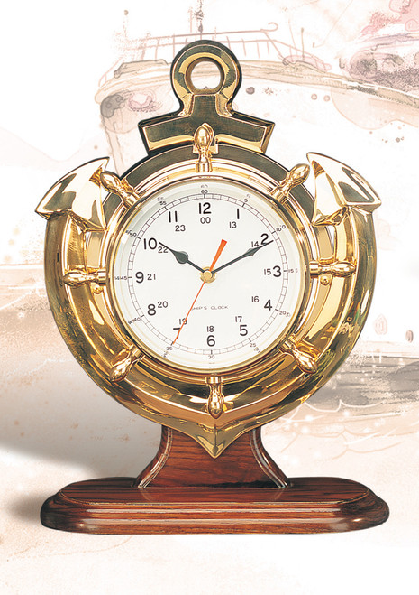 (TK-261) 13" Polished Brass Desktop Anchor Clock with Wooden Base