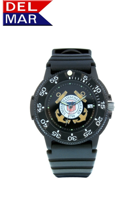 Del Mar Men's 200M Military Sport Dive Watch with Black Case and PU Band - U. S. Coast Guard