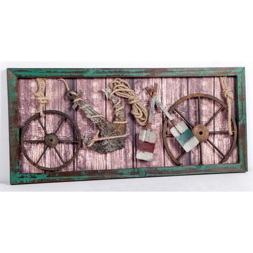 (CV-307) 3D Collage Art in Wooden Frame Featuring Ship Wheels, Paddles, Anchor, and Rope