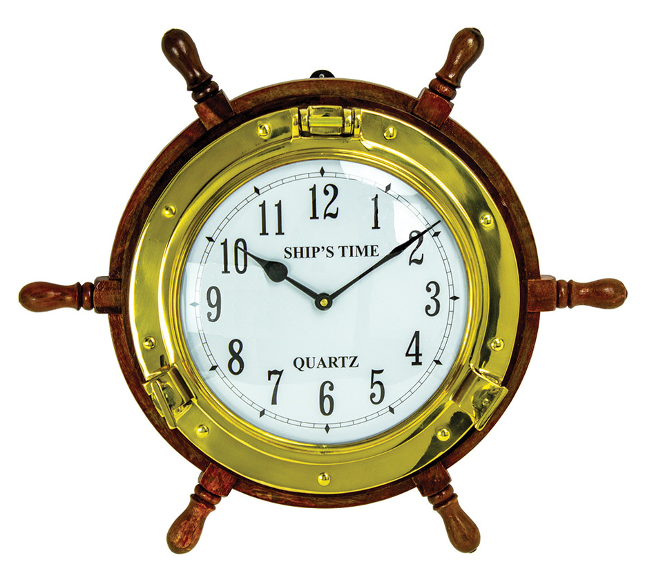 Brass Porthole Clock on Ship's Wheel 18"