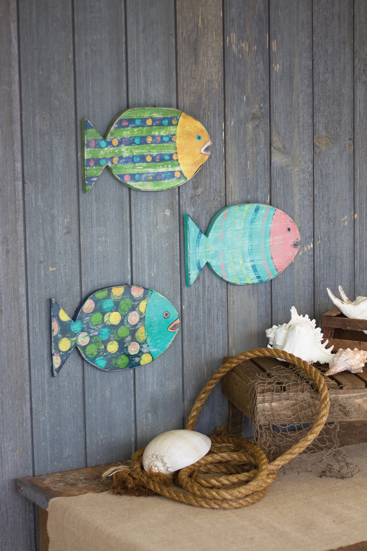 Set of 3 Painted Wooden Fish Wall Hangings