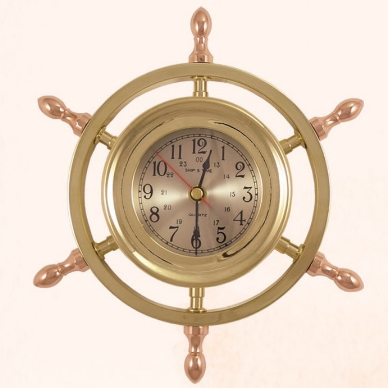 Brass Ship Wheel Captain Clock with Copper Spokes - 9