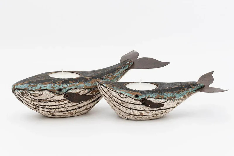 置物 WHALE 2 Humpback Whale with 2 Tea Light Holders- Set of 2