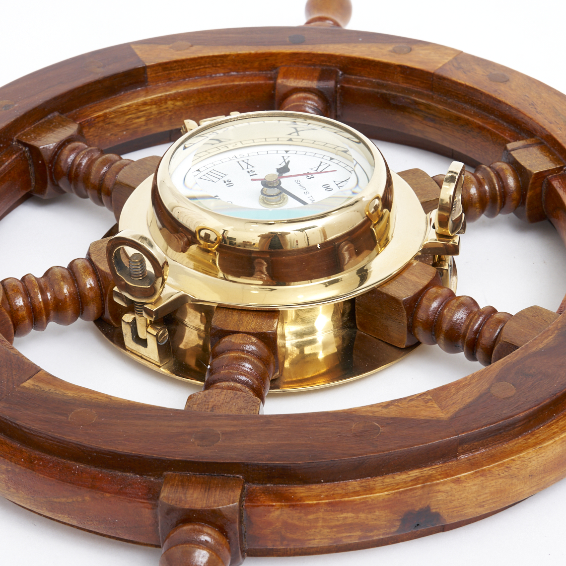真鍮製　船舶時計　クオーツ　SHIPS TIME　24H　置き時計　木製スタンド Ship's Wheel Solid Brass Clock - 17.7