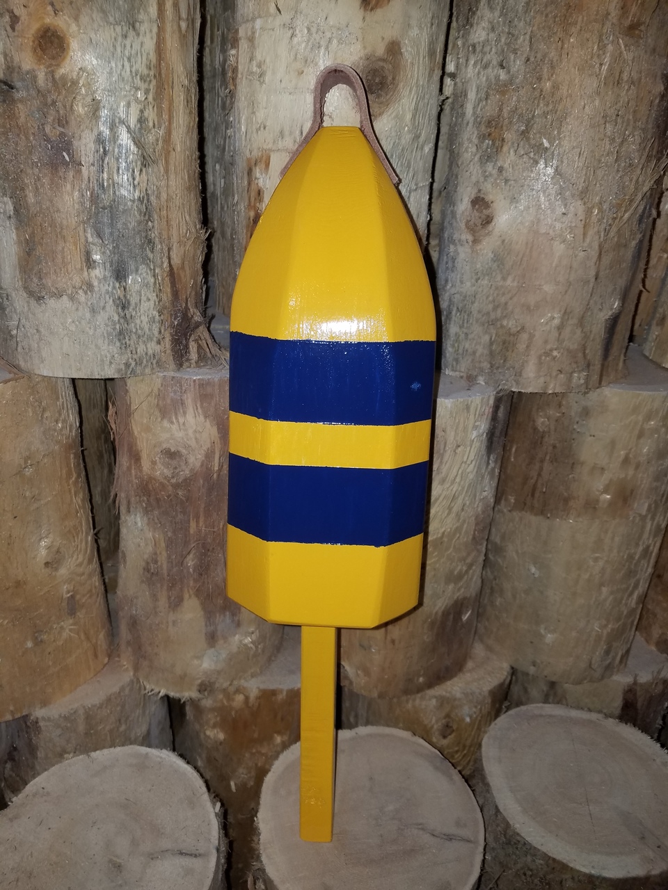 Wooden Lobster Buoy - 21 - Yellow w/ Blue Stripes - Personalized