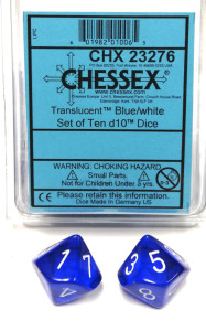 Translucent D10 Blue/White B 10ct Dice Set