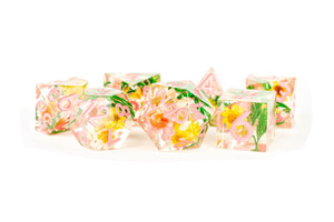 Chrysanthemum Pink Handcrafted Sharp Edge Resin 7ct Dice Set