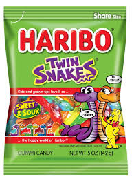 Haribo Twin Snakes Gummy Candy 5 Ounce Peg Bag 12 Count
