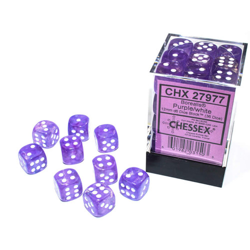 Borealis D6 Purple/White Luminary 12mm 36ct Dice Set