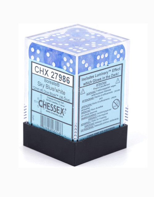 Borealis D6 Sky Blue/White Luminary 12mm 36ct Dice Set