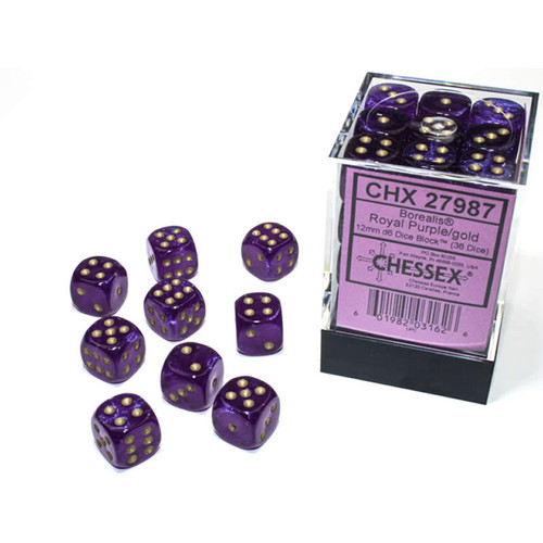 Borealis D6 Royal Purple/Gold Luminary 12mm 36ct Dice Set