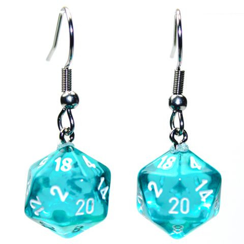 Hook Earrings Mini-hedral D20 Translucent Teal