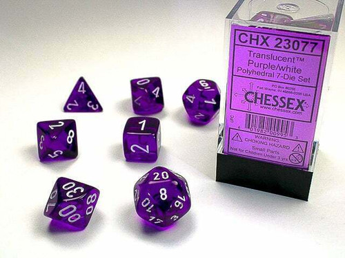 Translucent Polyhedral Purple/White 7ct Dice Set