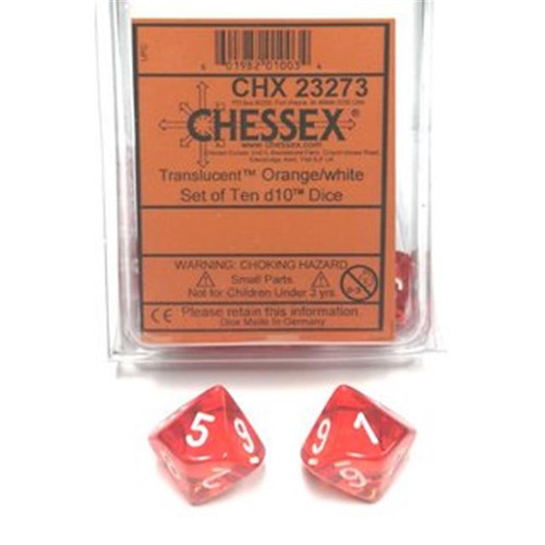 Translucent D10 Orange/White 10ct Dice Set