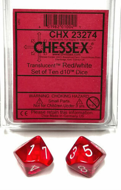 Translucent D10 Red/White 10ct Dice Set