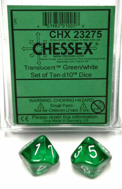Translucent D10 Green/White B 10ct Dice Set