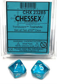 Translucent D10 Teal/White B 10ct Dice Set