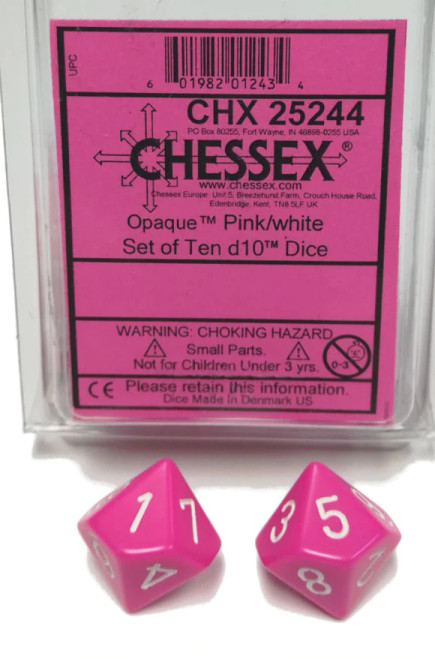 Opaque D10 Pink/White 10ct Dice Set