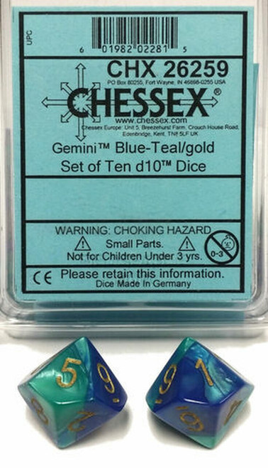 Gemini D10 Blue-Teal/Gold 10ct Dice Set