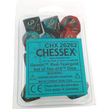Gemini D10 Red-Teal/Gold 10ct Dice Set