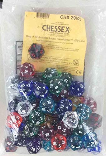 Assorted Translucent D20 Dice 50ct Bag