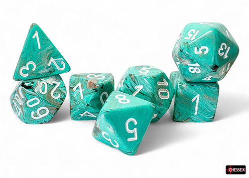 Mega-hedral Dice Marble Oxi-Copper/White 7ct Set