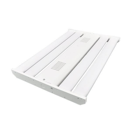 Alphalite HEB Series LED High Bay Light, a white industrial lighting fixture with high efficacy, 150lm/w, 81W power, 12287 lumens output, high transmission clear 90° optic, V-hook, 0-10V dimming, 120-277V input, 82+ CRI, and 7 years warranty.