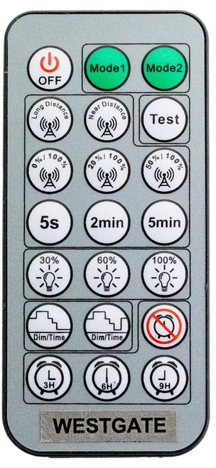 Westgate Manufacturing remote control for WEC-3MR-4, WEC motion sensors, with various buttons for mode selection, testing, long and near distance settings, light dimming, and timers.