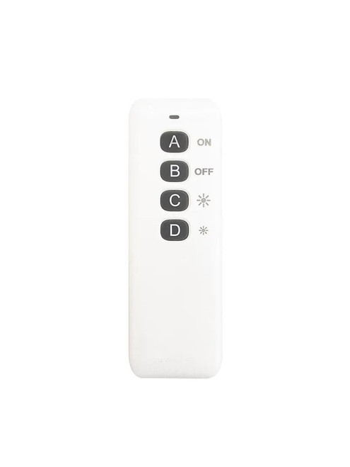 Westgate Manufacturing Westgate Smart Dimming Control Modules, white remote control with four black buttons labeled A, B, C, D and ON/OFF functions for smart lighting control.
