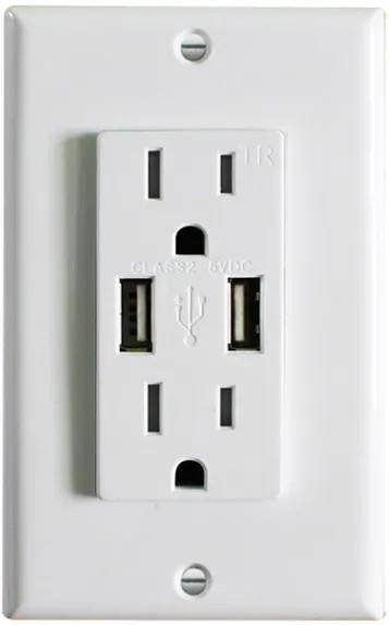 Westgate Manufacturing Decorative USB Charger/Tamper-Resistant Duplex Receptacle, white electrical outlet with two USB ports and tamper-resistant slots.