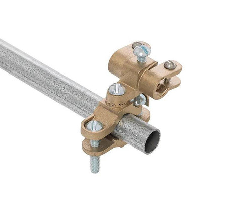 Westgate Manufacturing DOUBLE ATTACHMENT GROUND CLAMP, close-up view of the ground clamp securing a metal pipe to a support bracket.