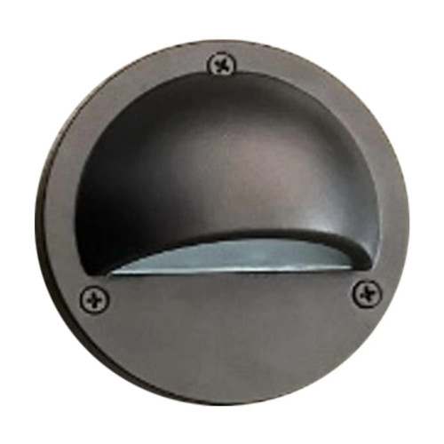 Westgate Manufacturing Westgate Lighting Oil-Rubbed Bronze Step Lights with LED Lamps - AS-158-MCT-ORB, close-up of a round, oil-rubbed bronze LED step light with a half-moon shaped glass lens and mounting screws.