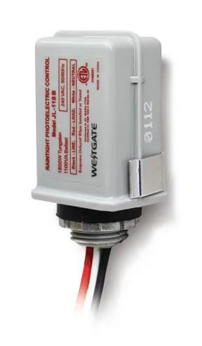 Westgate Manufacturing Photocell 120VAC, 1000W, Dusk-to-Dawn Photocell Light Switch, showing a compact white device with electrical specifications and wiring at the bottom.