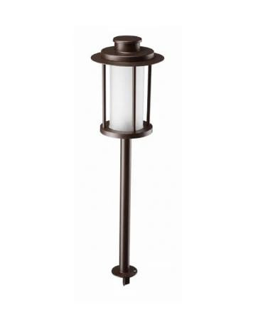 Westgate Manufacturing INTEGRATED PAGODA 12V 5W 5CCT 22inH ORB, outdoor pathway light with a dark brown finish and a cylindrical lantern design on a tall stake.