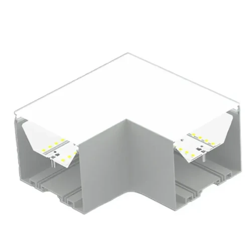 Westgate Manufacturing LED 4-inch Superior Architectural Seamless Linear Light Corner Fixture - SCX4-L-MCT4, image showing a sleek, white, seamless corner LED light fixture designed for architectural lighting applications.