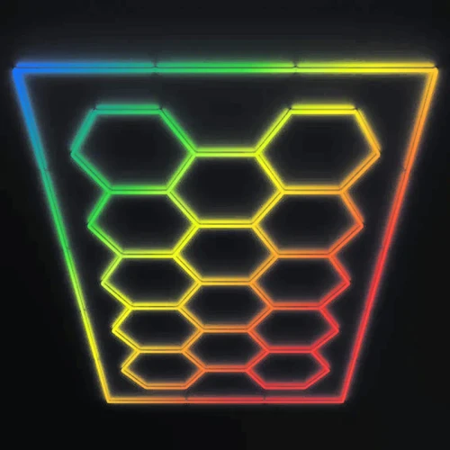 RGB Hex Car Shop Decorative Light Kit with Frame, 96’’ X 190" Westgate App or Remote Control, 46’’ 16W/PCS, 18’’ 6W/PCS - HEX-96X190-RGB-RC-BT