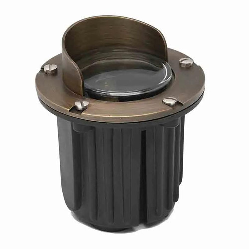 Westgate Manufacturing ADJUSTABLE FG/BRASS SHROUD, WL - Solid Brass Well Lights with Directional Lamp Bracket, outdoor landscape lighting fixture with adjustable brass shroud and robust black base.