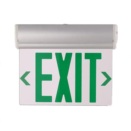 Westgate Manufacturing XT-EL1GCA-EM-WH - Edgelit LED Sign with Aluminum Housing, 2.5W, 1001K, illuminated green exit sign with directional arrows.