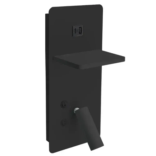 Westgate Manufacturing Bedside Vertical Reading Lamp with Backlight, 10W, 3000K - BRL-SV-BK, black bedside reading lamp with USB ports, adjustable arm, and mounted on a wall.