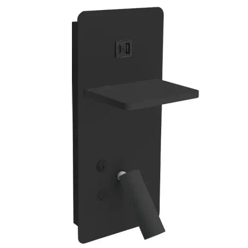 Westgate Manufacturing Bedside Vertical Reading Lamp with Backlight, 10W, 3000K - BRL-SV-BK, black bedside reading lamp with USB ports, adjustable arm, and mounted on a wall.