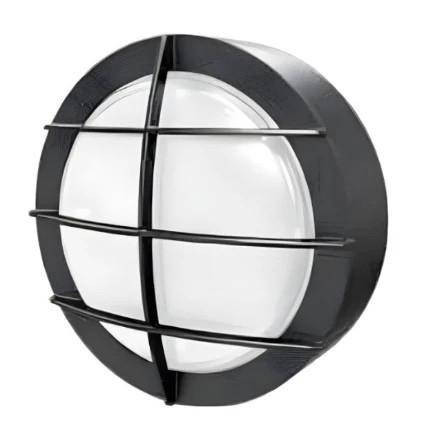 Westgate Manufacturing LED Round Flat Bulkhead, black outdoor lighting fixture with protective grille and frosted diffuser.