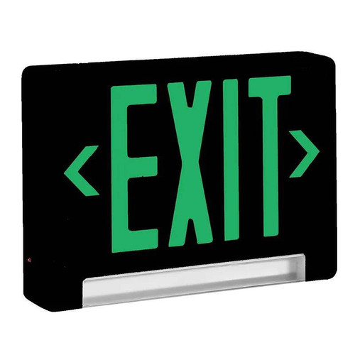 Westgate Manufacturing Single or Double Face LED Strip Combination Exit/Emergency Light, illuminated green exit sign with directional arrows on a black background for emergency and safety use.