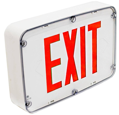 Westgate Manufacturing NEMA 4X Rated LED Exit Signs, illuminated emergency exit sign with large red \'EXIT\' text on a white background, encased in a durable protective enclosure.