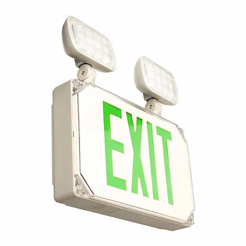 Westgate Manufacturing WET LOCATION LED Exit & LED Emergency Lights, 3.46W, 6708K, illuminated green exit sign with two overhead LED emergency lights for safety illumination.