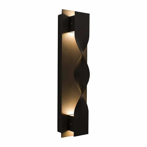 Westgate Manufacturing LED Wall Sconce CRUSH3000KBR, modern black wall light fixture with a twisted design and warm LED lighting.