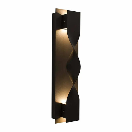 Westgate Manufacturing LED Wall Sconce CRUSH3000KBR, modern black wall light fixture with a twisted design and warm LED lighting.