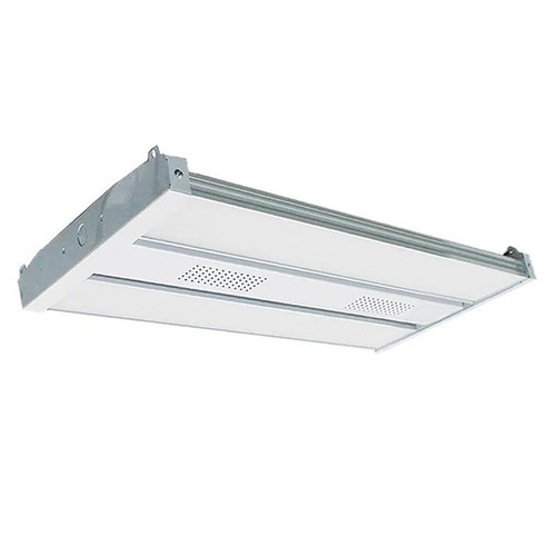 Westgate Manufacturing 4th Generation of Linear High Bays, 50W/80W/100W, 4000K - LLHB4-100W-MP-40K-D, ceiling-mounted industrial LED lighting fixture with a sleek white finish and perforated panels for HVAC airflow.